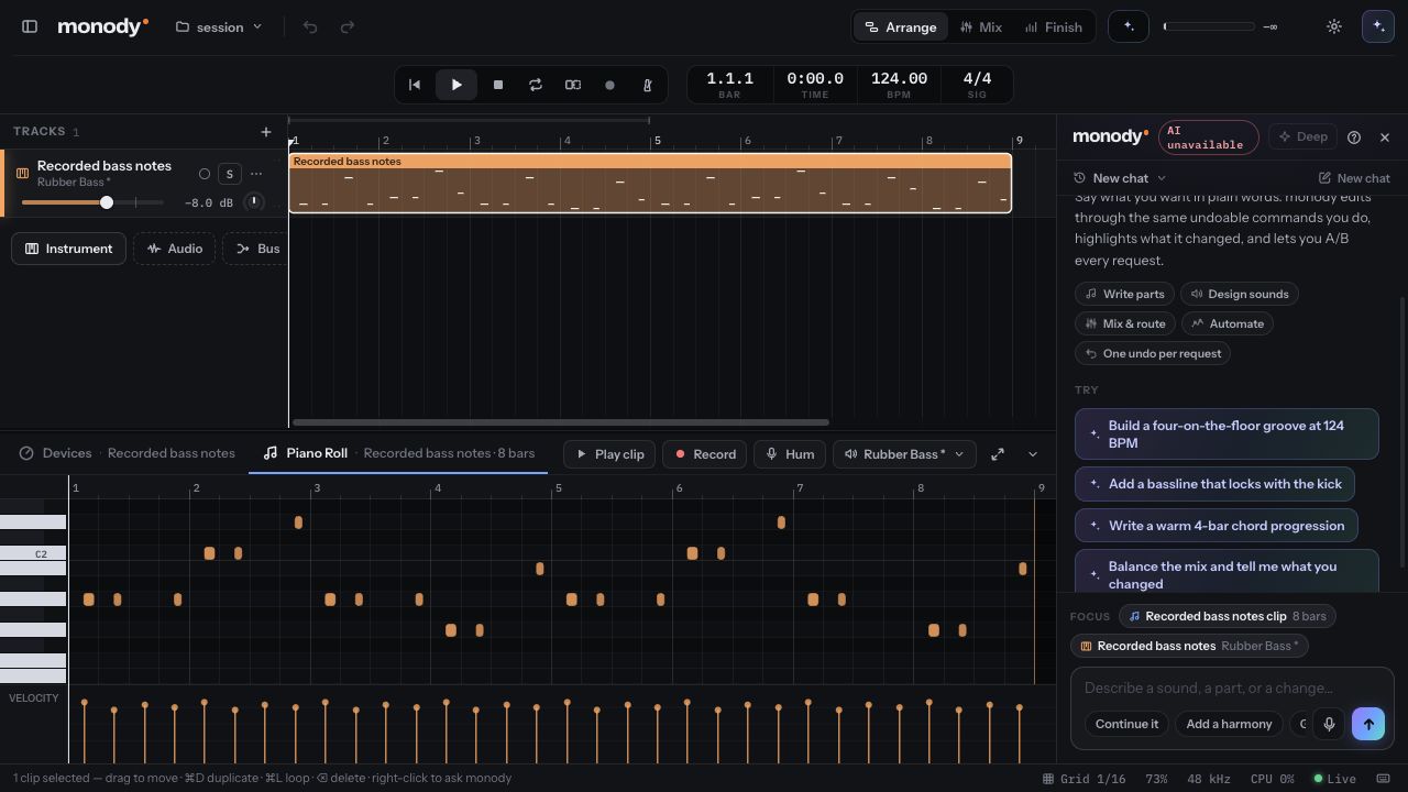 monody with one track, Recorded bass notes, an 8-bar clip at 124 BPM, the piano roll open below it showing the notes, and a velocity lane
